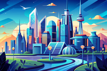 Colorful illustration of a futuristic cityscape at sunset with modern skyscrapers, a solar panel, futuristic transportation, and lush greenery set against a vibrant sky with clouds and flying birds.