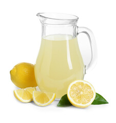 Refreshing lemon juice in jug, leaves and fruits isolated on white