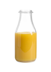 Refreshing orange juice in bottle isolated on white