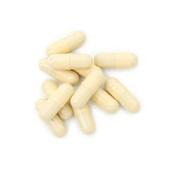 Vitamin capsules isolated on white, top view. Health supplement