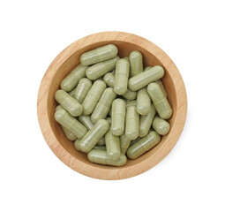 Vitamin capsules in bowl isolated on white, top view. Health supplement