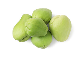 Many fresh green chayote isolated on white, top view
