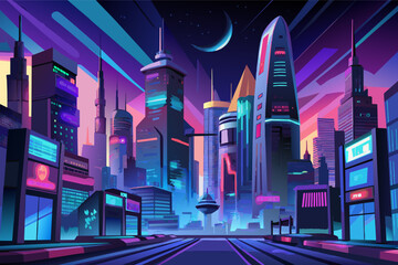 Futuristic cityscape at night with colorful neon lights, featuring tall skyscrapers and a crescent moon in the sky.