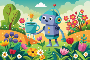 Colorful illustration of a cheerful robot with a watering can, standing on a path in a sunny, flower-filled garden with trees and bushes in the background.