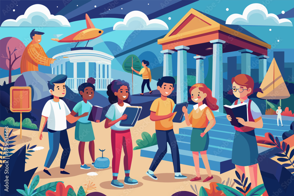Aufkleber colorful illustration of a group of diverse students with books and tablets in front of stylized anc