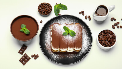delicious tiramisu plate Delicious dessert and accompanying ingredients