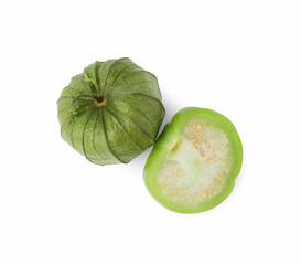 Fresh green tomatillos with husk isolated on white, top view
