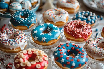 Assorted Patriotic Donuts Displayed in a Bakery Case for a Festive Celebration