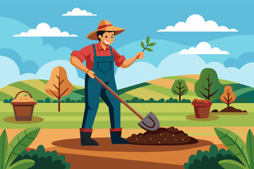 Illustration of a farmer wearing a straw hat and overalls, watering crops in a field with a watering can, with mountains in the background and a small farmhouse in the distance.