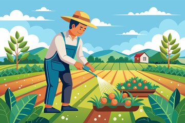 Illustration of a bearded farmer wearing a hat and overalls, watering plants in a lush garden with varied vegetation, set against a backdrop of trees and mountains under a clear sky.