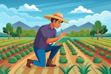 A farmer inspecting rows of crops, ensuring they are free from pests and disease