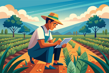 A farmer inspecting rows of crops, ensuring they are free from pests and disease