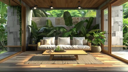 Contemporary indoor living space with natural elements and tropical greenery