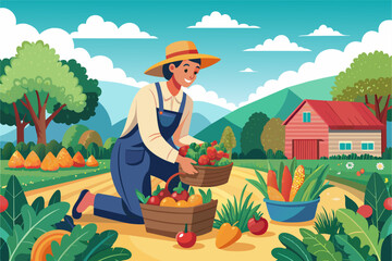Illustration of a farmer in a straw hat and overalls picking tomatoes in a lush farm setting, with a red barn, various vegetables, and mountains in the background.