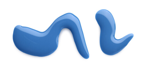 Sample of light blue nail polish isolated on white, top view