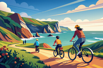 Illustration of four people cycling along a coastal path with scenic cliffs and a blue ocean in the background, bathed in sunlight.