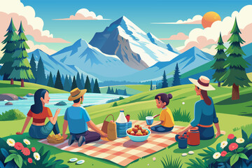 Family picnic An awe-inspiring mountain peak illustration