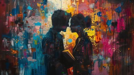 Capture a side view of two lovers immersed in modern novels, surrounded by vibrant street art Render in colorful acrylic to highlight the contrast