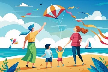 Obraz premium A colorful illustration of a family flying kites on a beach, featuring two adults and two children, with vibrant kites in the sky and a scenic ocean and hills in the background.
