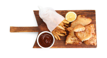 Tasty fish, chips and sauce isolated on white, top view
