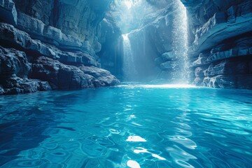 Obraz premium A serene underground water scene with sun rays penetrating through the top, illuminating the cave and crystal clear water