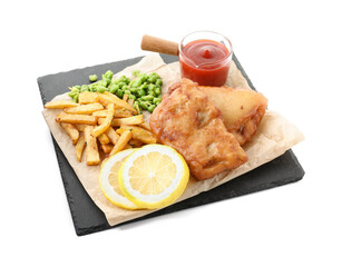 Tasty fish, chips, sauce and peas isolated on white