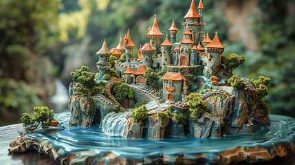 Transform the concept of aerial view fantasy worlds into a mesmerizing clay sculpture Shape intricate landscapes, towering castles, and mystical creatures to create a unique and captivating centerpiec