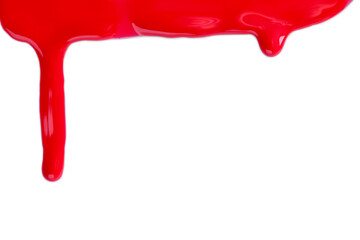 Red nail polish flowing on white background
