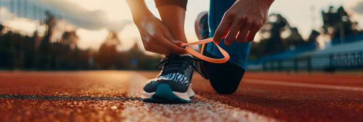 Runner tying shoelaces preparing to run. Sprinter with running trainers on race tracks. Sprint sporting competition. Exercise 