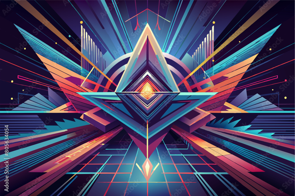 Poster colorful abstract geometric design with sharp, angular shapes forming a symmetrical pattern around a