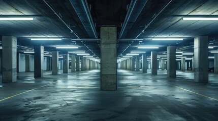 Empty underground parking lot or garage interior with concrete columns