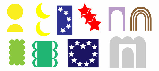 A set of colorful abstract geometric shapes and icons. Modern flat drawing, illustration highlighted on a white background