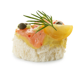 Tasty canape with salmon, tomatoes, capers and herbs isolated on white