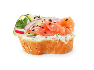 Tasty canape with salmon, cucumber, radish and cream cheese isolated on white