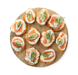 Tasty canapes with salmon, cucumber, cream cheese and dill isolated on white, top view