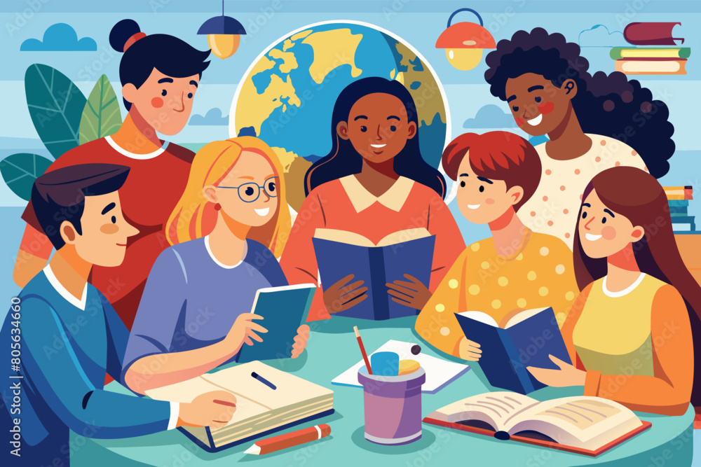 Poster a diverse group of students learning together in a multicultural classroom, exchanging ideas and per