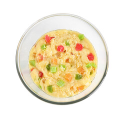 Raw dough with candied fruits in bowl isolated on white, top view