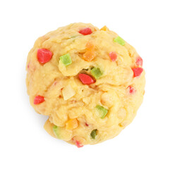 Raw dough with candied fruits isolated on white, top view