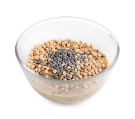 Raw dough with chocolate chips in bowl isolated on white