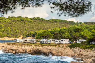 Aerial view of the Camping site with parked motorhomes in Croatia