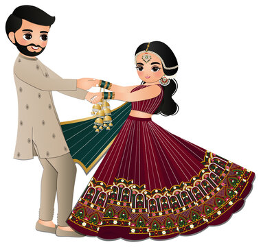 Cute couple  dance in traditional indian dress cartoon characters bride and groom