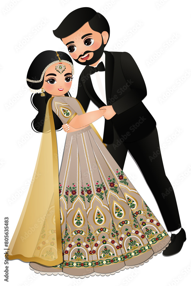 Wall mural cute couple dance in traditional indian dress cartoon characters bride and groom - Wall murals