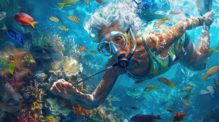 Ageless Adventure Elderly Woman Snorkels Amongst Tropical Fish, Embracing Nature's Beauty and Underwater Wonders
