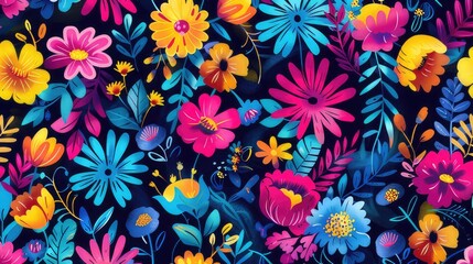 Cheerful Creativity Vibrant Floral Design in Playful Children's Style Pattern Background
