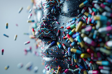 Face Covered in Pills Illustrating Social Media Drug Addiction