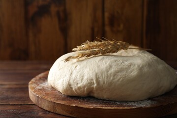 Raw dough and spikes on wooden table