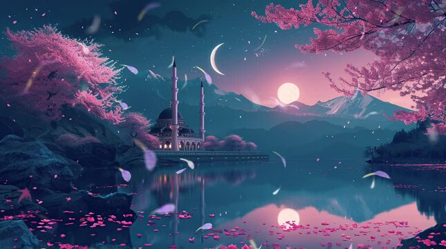 Enchanting mosque nestled by the serene shores of a mystical lake adorned with sakura trees, set against a fantastical niSeamless looping 4k time-lapse virtual video animation background. Generated AI