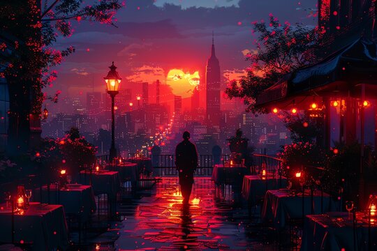 Illustrate an intimate dinner with a panoramic twist, incorporating Blockchain Technology motifs Utilize unexpected camera angles to add intrigue and depth to the composition Choose pixel art to infus