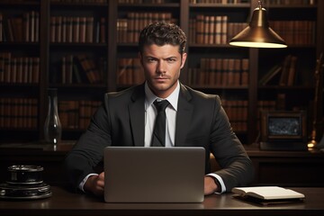 businessman with laptop sitting on the table in an office