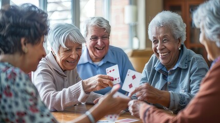 Joyful Connections Multiracial Seniors Have Fun Playing Cards in Geriatric Clinic/Nursing Home, Emphasizing Social Interaction
